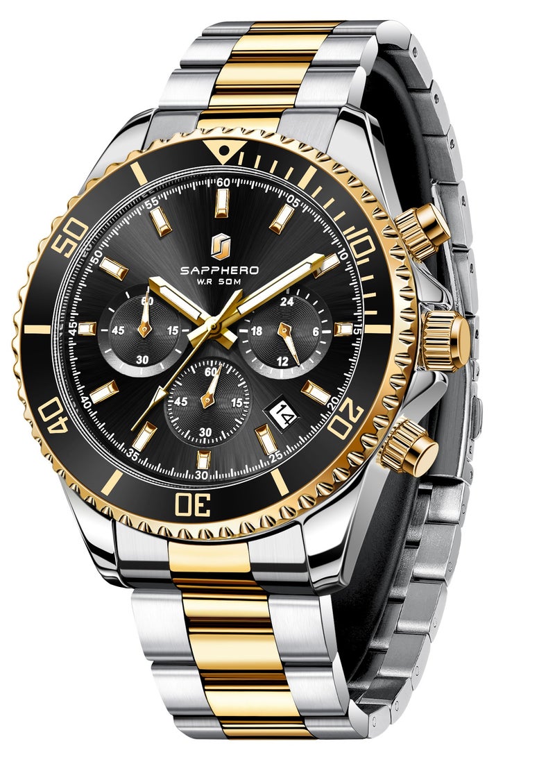 سافيرو ساعة سابفيرو كرونوغراف رجالية من الفولاذ المقاوم للصدأ، مقاومة للماء حتى عمق 50 مترًا، ساعة كوارتز تناظرية مع عرض التاريخ، ساعة كلاسيكية فاخرة وأنيقة، هدية مثالية للرجال. - Image 1